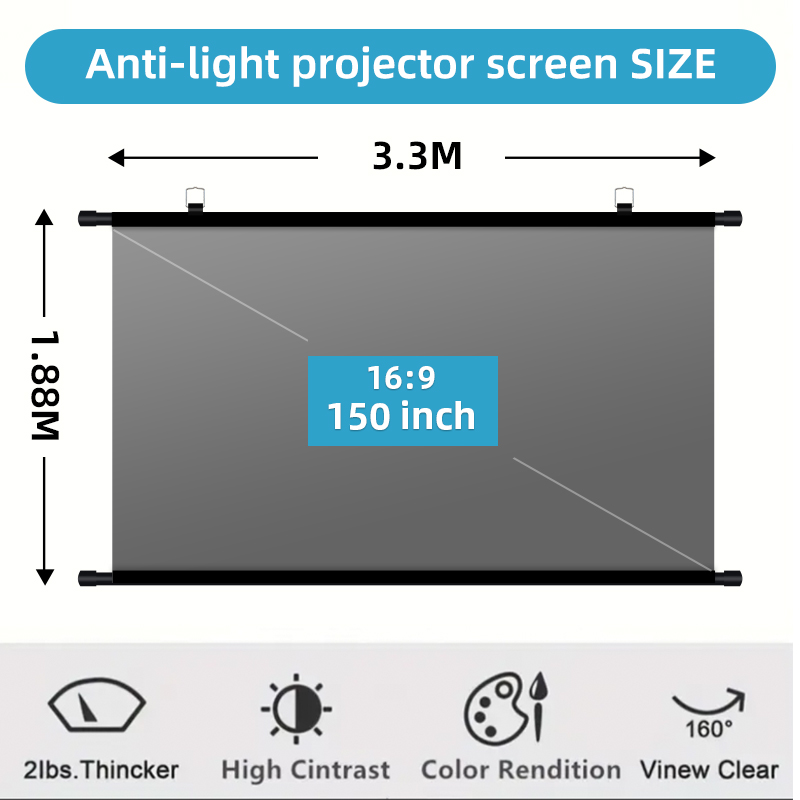 Projector Screen 100 Inch - 150 Inch 16:9 Anti-Light Projector Screen